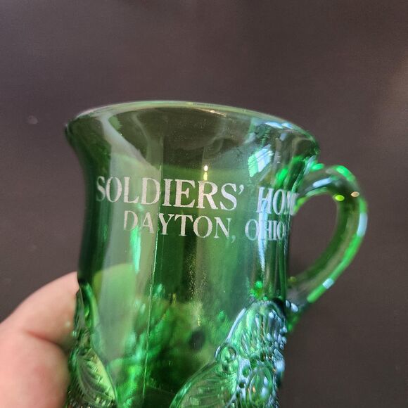 EAPG Antique Green Glass Mugs Colorado Lacy Medallion Gold Set 2 Souvenir MI OH - Picture 6 of 10